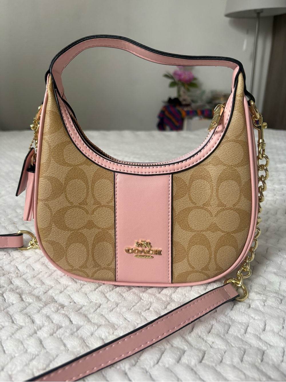 Coach Mini Hobo Bag in Signature Tan Canvas with Pink Trim